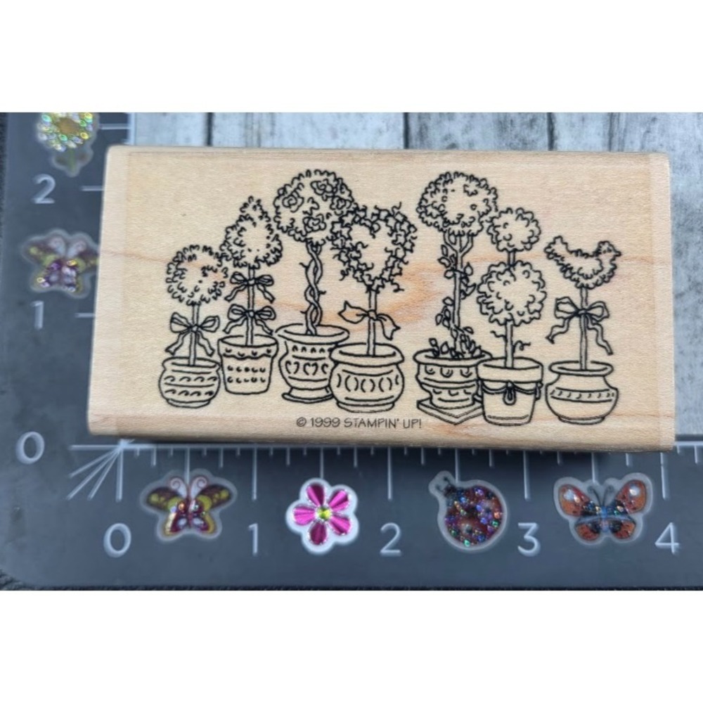 Stampin' Up! Topiary Potted Trees Plants Bird Border 1999 Rubber Stamp Wood #S69